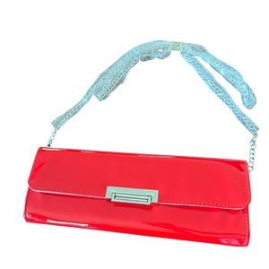 BCBGeneration Red Patent Leather & Silver Clutch Bag With Chain NWOT